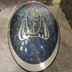 Deep Blue Natural Wood Veneer Oval Dining Table with Art Inlay